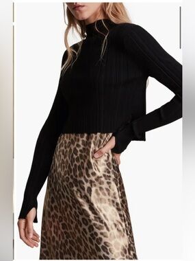 AllSaints Karla Leo Ribbed Crop Sweater Black Mock Neck Long Sleeve Sz L Womens